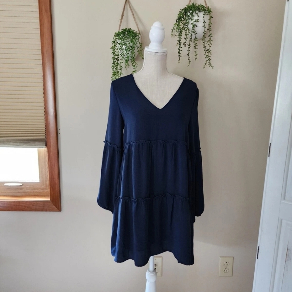 Yours Truly Australia Navy Blue Long Sleeve Tiered Dress Womens Sz. 10